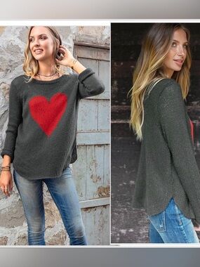 Wooden Ships Heart Graphic Crew Lightweight Sweater Size S/M